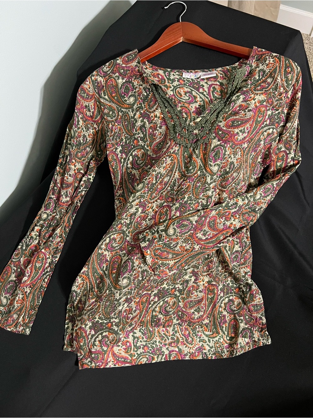 Vintage Funky People 100% Cotton Indian Paisley Blouse Medium Crochet Neck